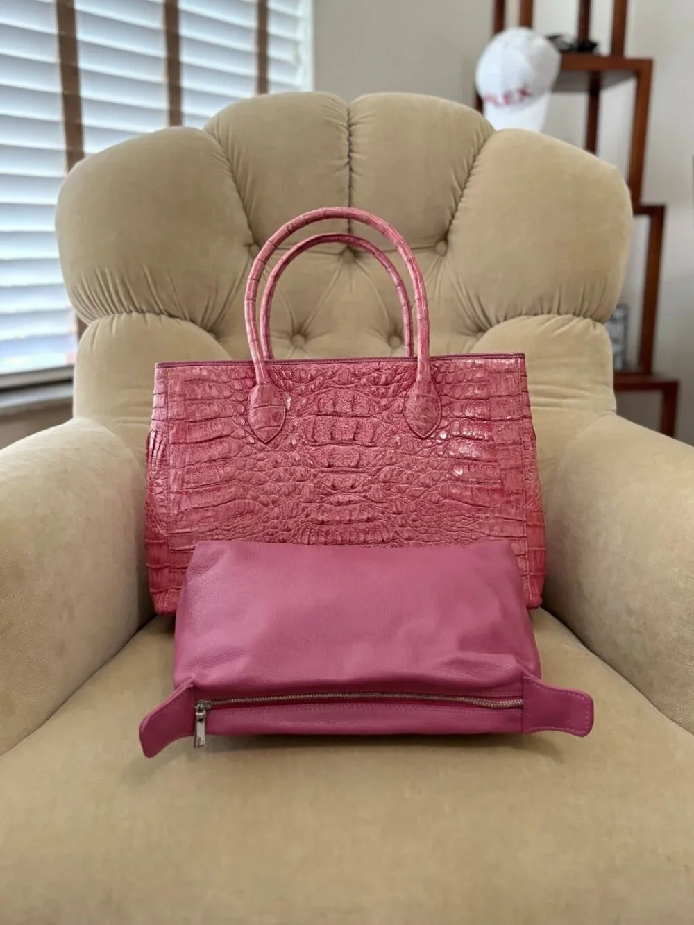 Auth RIVER Brand Genuine Caiman Crocodile Pink Rose Satchel Bag....GORGEOUS!!!